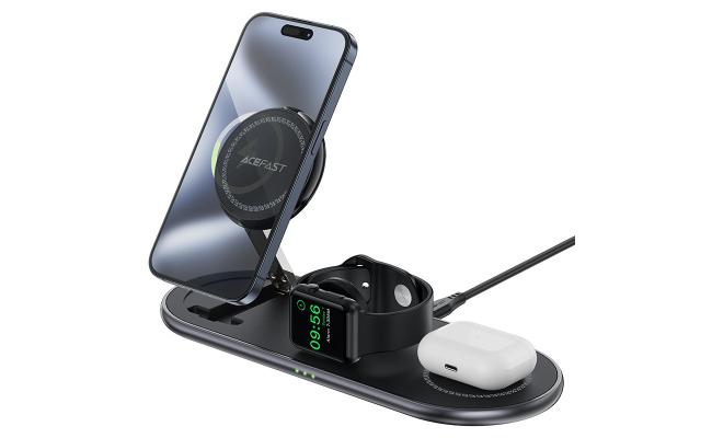 ACEFAST E19 Qi2 3-in-1 Desktop Wireless Charging Holder Magnetic wireless charger for phone, TWS headset, smart watch. Compatible with all iPhone mobile - Black
